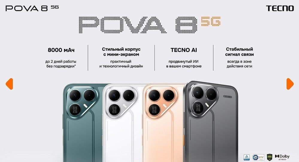 Tecno представил смартфон POVA 8 5G с аккумулятором 8000 мАч, пиксельным мини-экраном и функциями Tecno AI